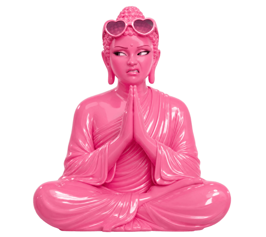 하트 선글라스를 머리에 올리고 합장한 채 곁눈질하는 핑크 Queen Buda
